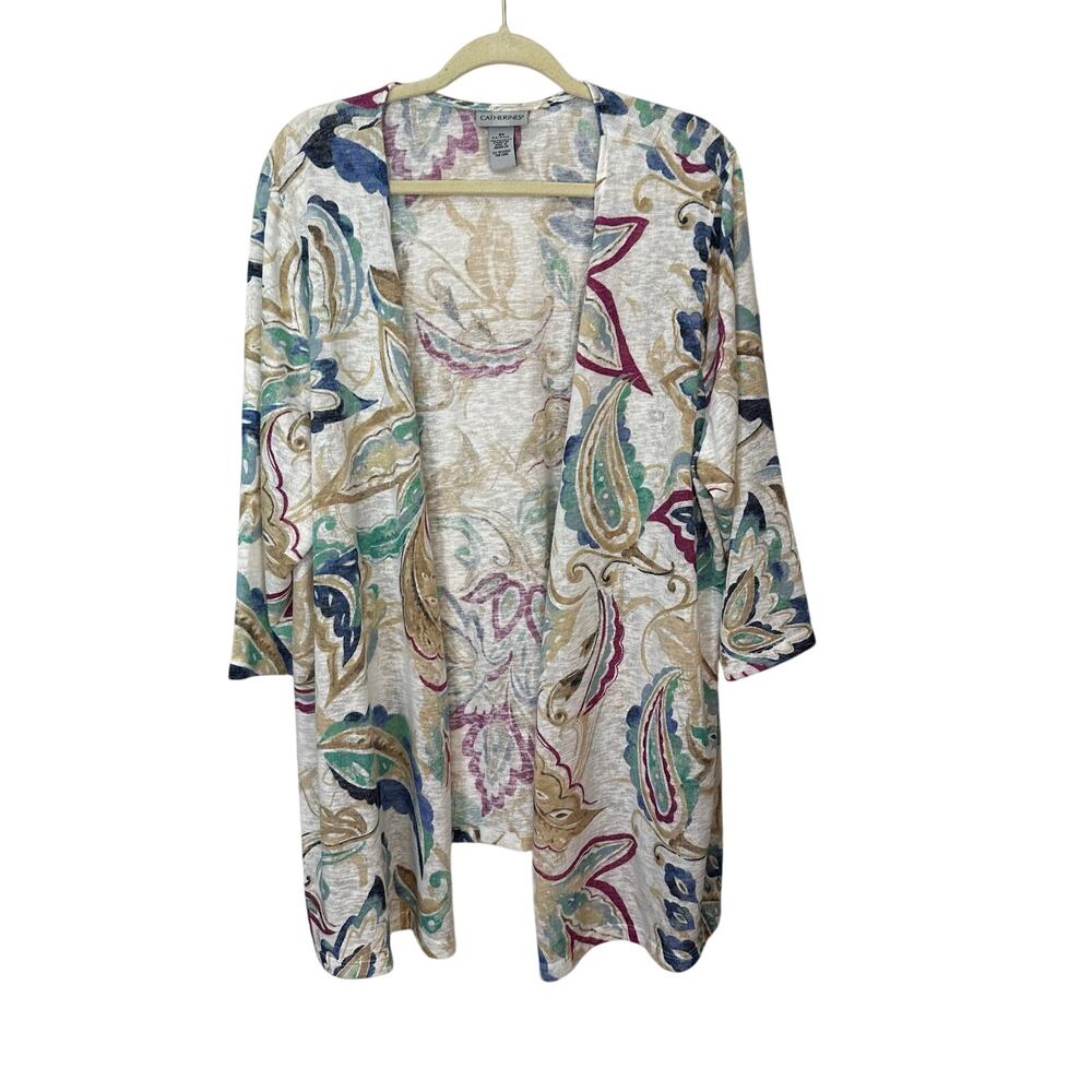 Catherines Cardigan Open Front Womens Size 2X Cream Paisley 3/4 Sleeve